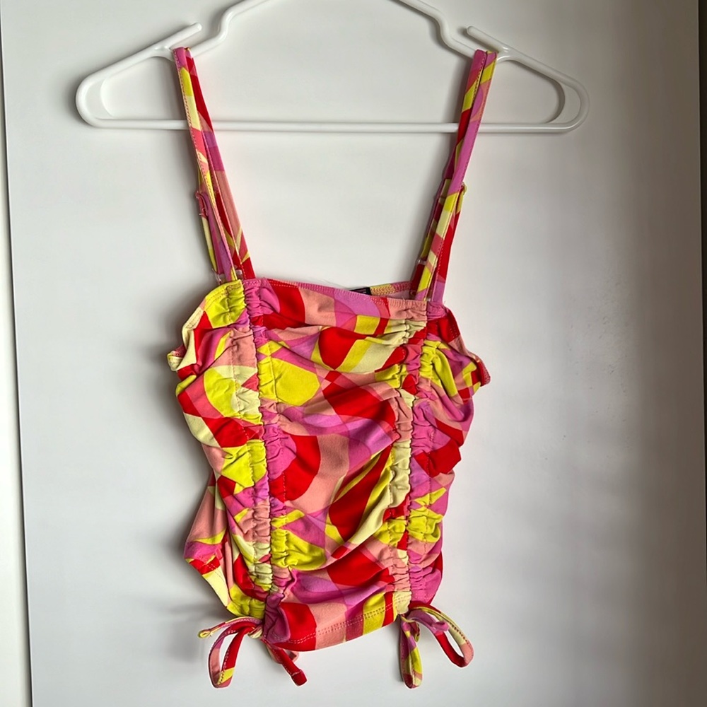 Almost Famous ruched tie front crop tank top pink yellow geometric print…